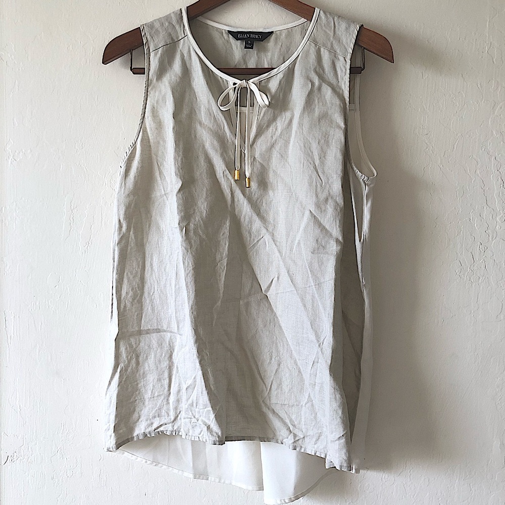 New Ellen Tracy top with bow-tie. Light gray and white. Size S.